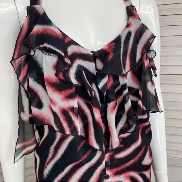 Bebe Printed Silk Chiffon Ruffle Trim Halter Neck Blouse Pink Black XS - Picture 5 of 12